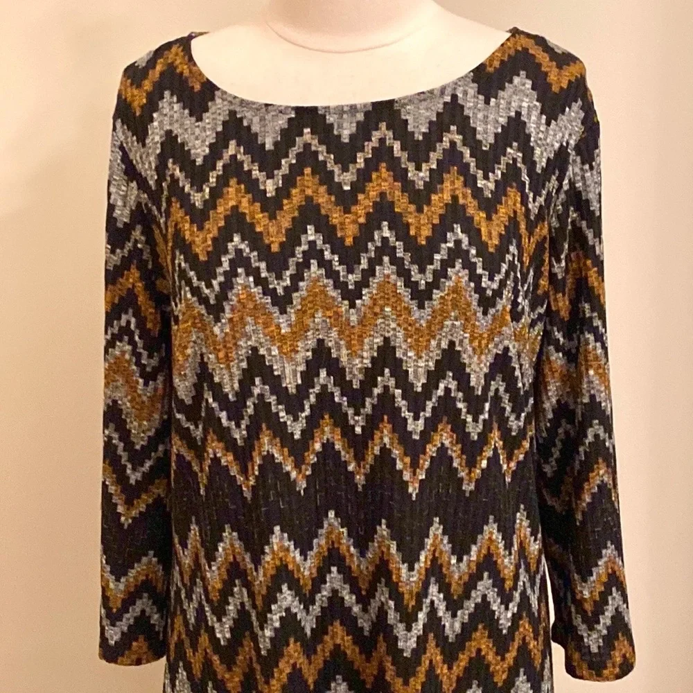 Tacera Black Orange Grey Chevron Print SZ 1X Retro Contemporary Mod Casual Dress